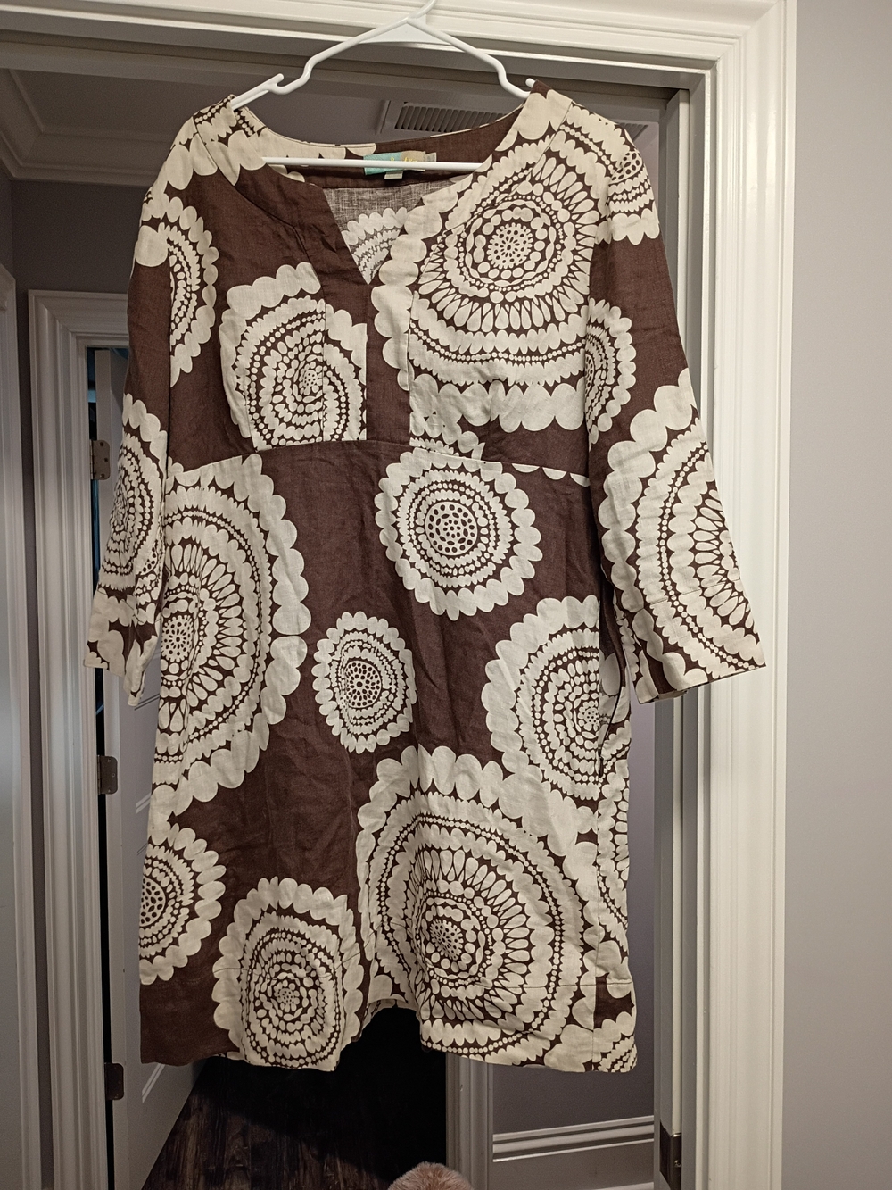 Boden Brown and Cream Linen Women's Dress with Circular Print Size 14